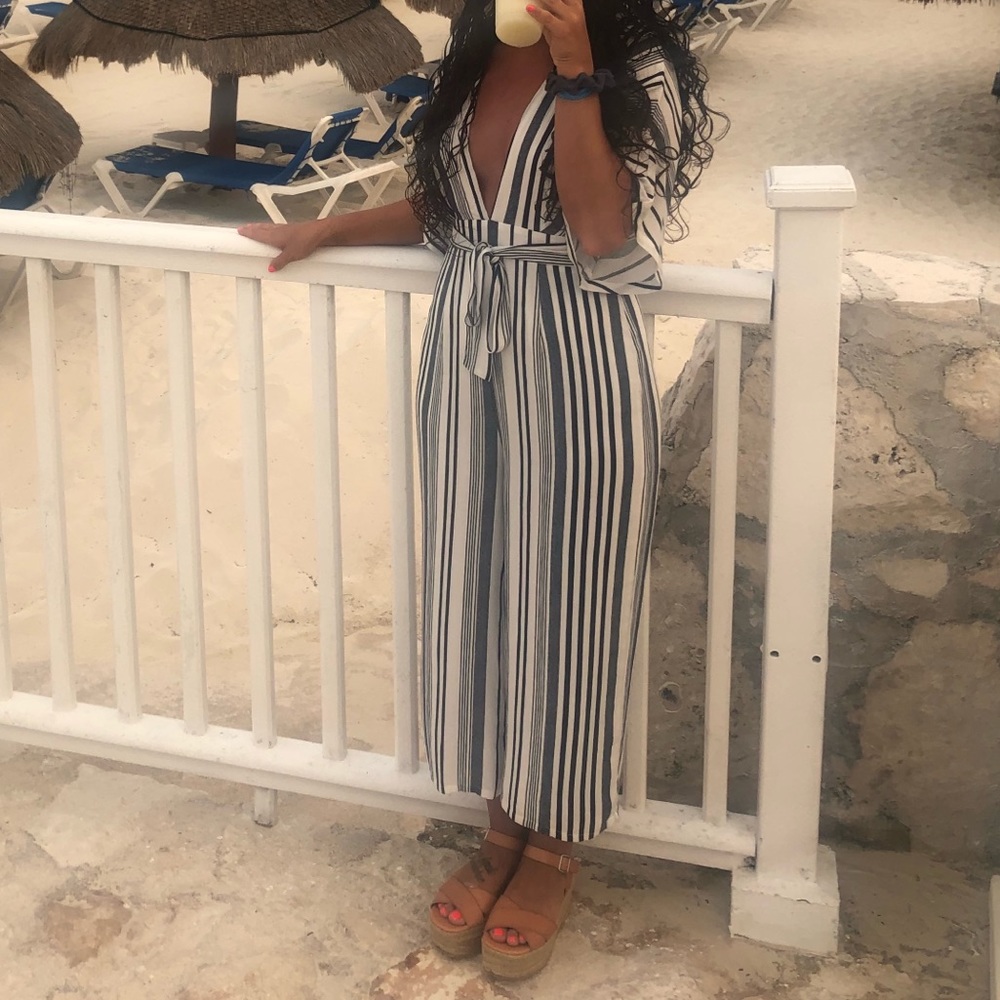Blue striped jumpsuit Lulus hook line sinker navy